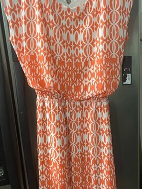 Sleeveless Orange & White Printed Maxi Dress with Elastic Waist